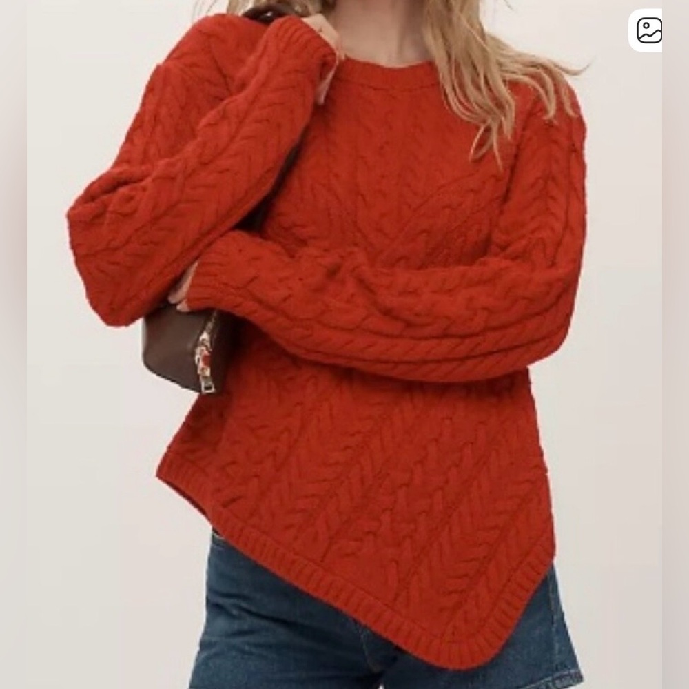Maeve Crewneck Asymmetrical Cable-Knit Red Sweater Medium